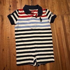 Ralph Lauren Baby Boy's Striped Shortall Romper Size 12M Red Blue White Big Pony